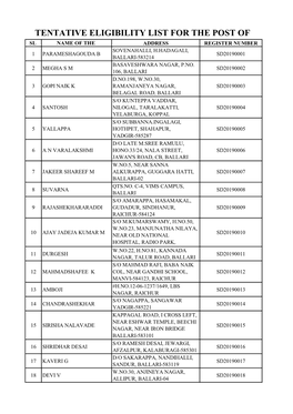 Tentative Eligibility List for the Post of Sl Name of the Sdaaddress Register Number No