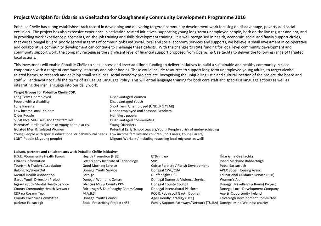 Project Workplan for Údarás Na Gaeltachta for Cloughaneely Community Development Programme 2016