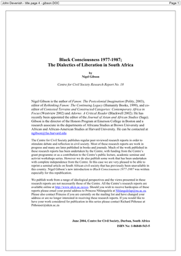 Black Consciousness 1977-1987; the Dialectics of Liberation in South Africa
