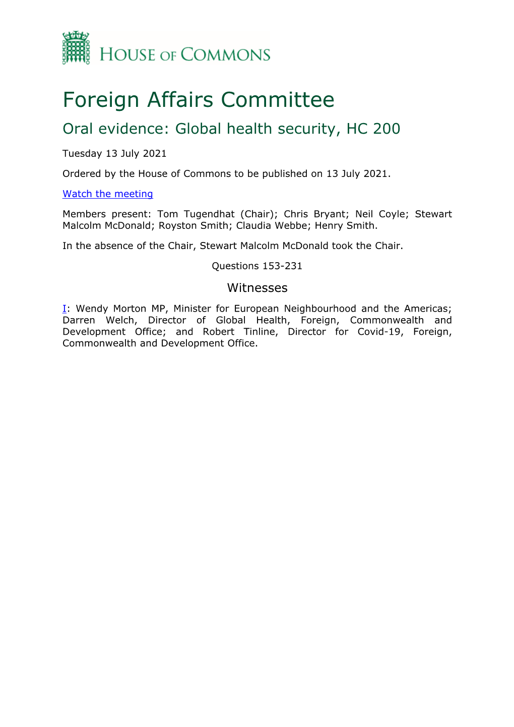 Foreign Affairs Committee Oral Evidence: Global Health Security, HC 200