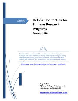 Helpful Information for Summer Research Programs Summer 2020