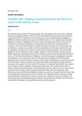 Corridor VIII – Railway Construction from the Black Sea Coast to the Adriatic Coast