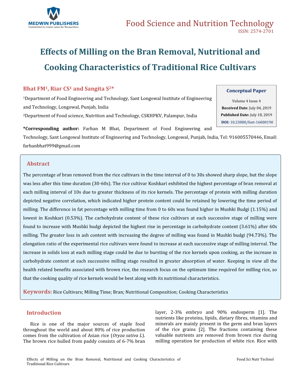 Sangita S, Et Al. Effects of Milling on the Bran Removal, Nutritional and Copyright© Sangita S, Et Al