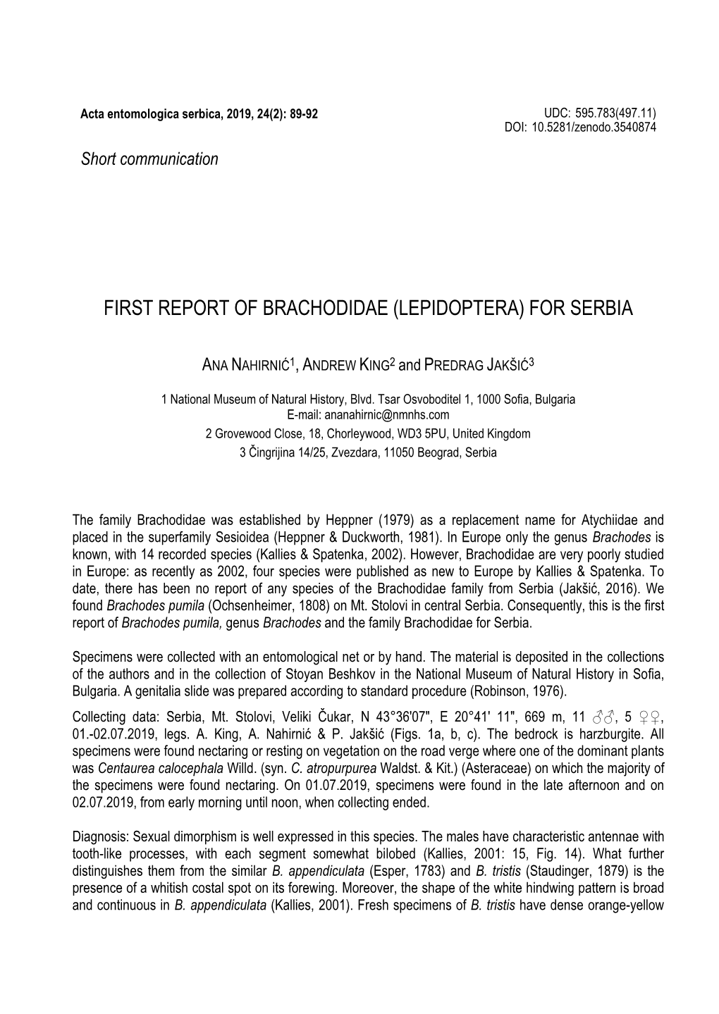 First Report of Brachodidae (Lepidoptera) for Serbia
