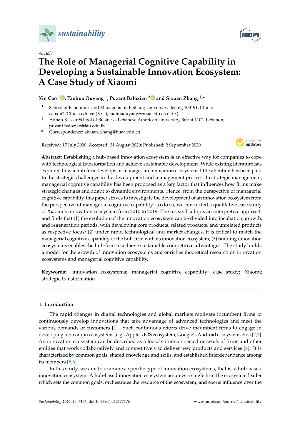 The Role of Managerial Cognitive Capability in Developing a Sustainable Innovation Ecosystem: a Case Study of Xiaomi