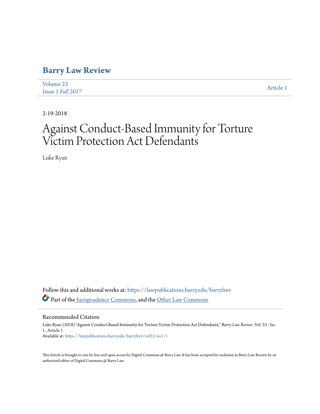 Against Conduct-Based Immunity for Torture Victim Protection Act Defendants Luke Ryan