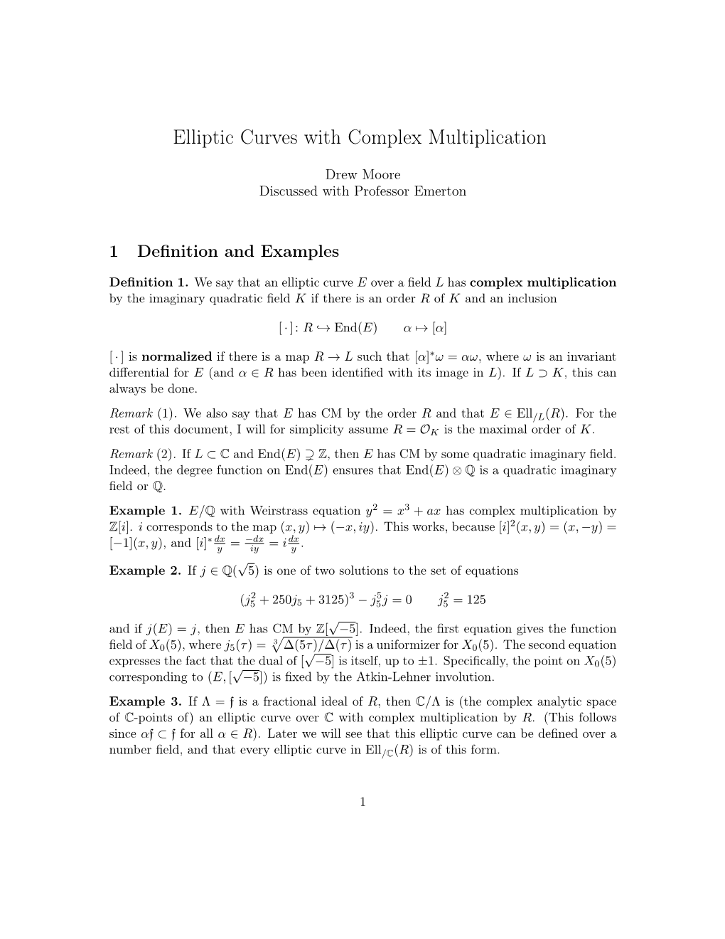 Elliptic Curves with Complex Multiplication