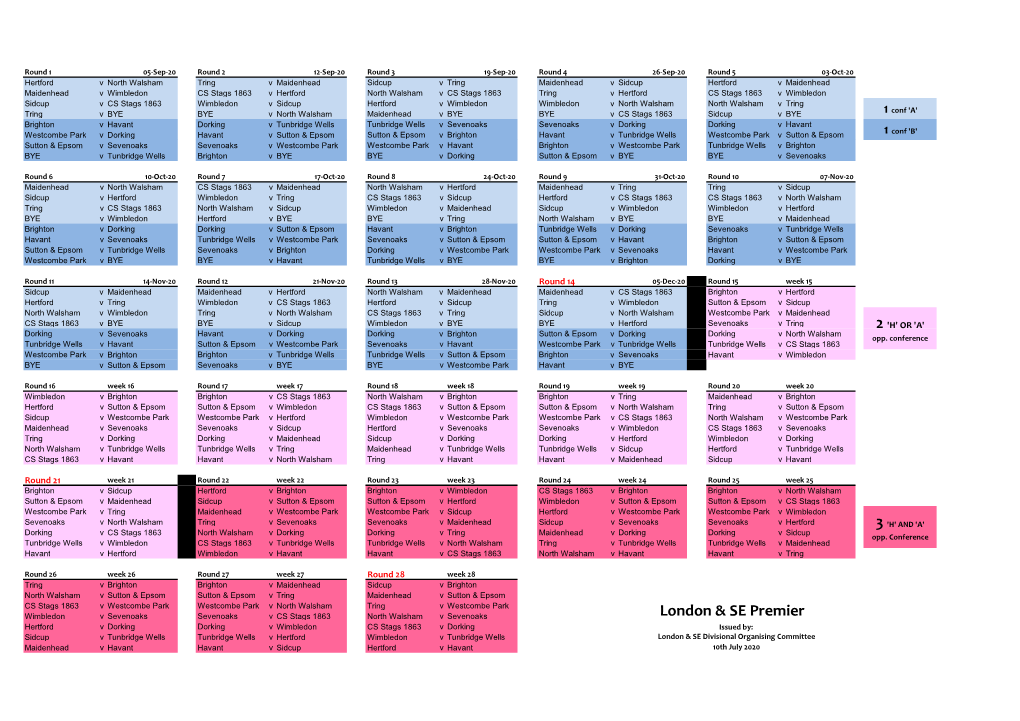 London & South East Fixtures 2020-2021