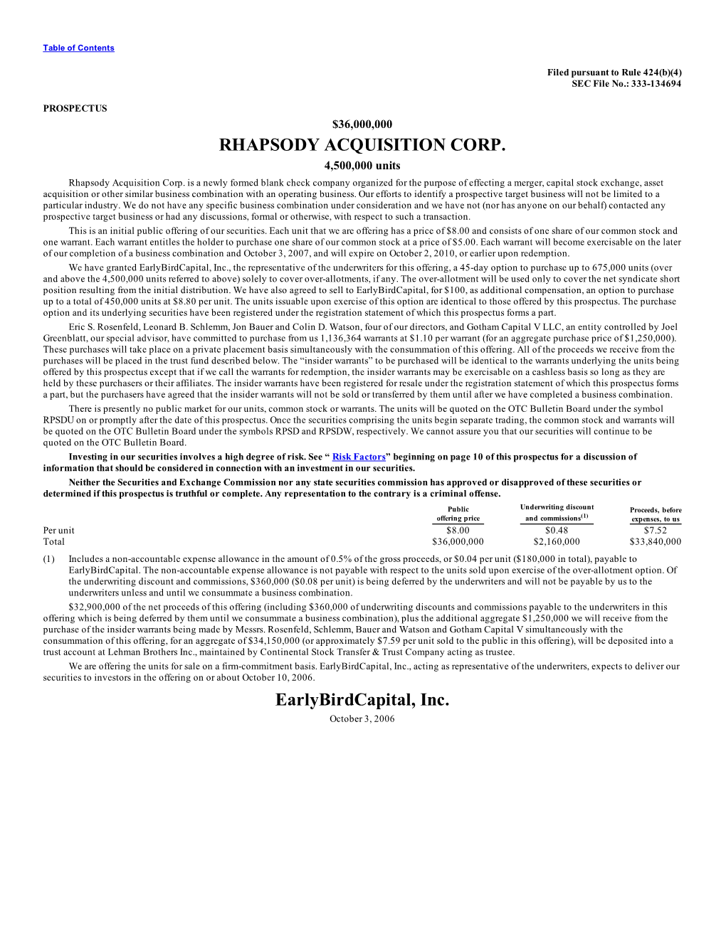 RHAPSODY ACQUISITION CORP. Earlybirdcapital, Inc