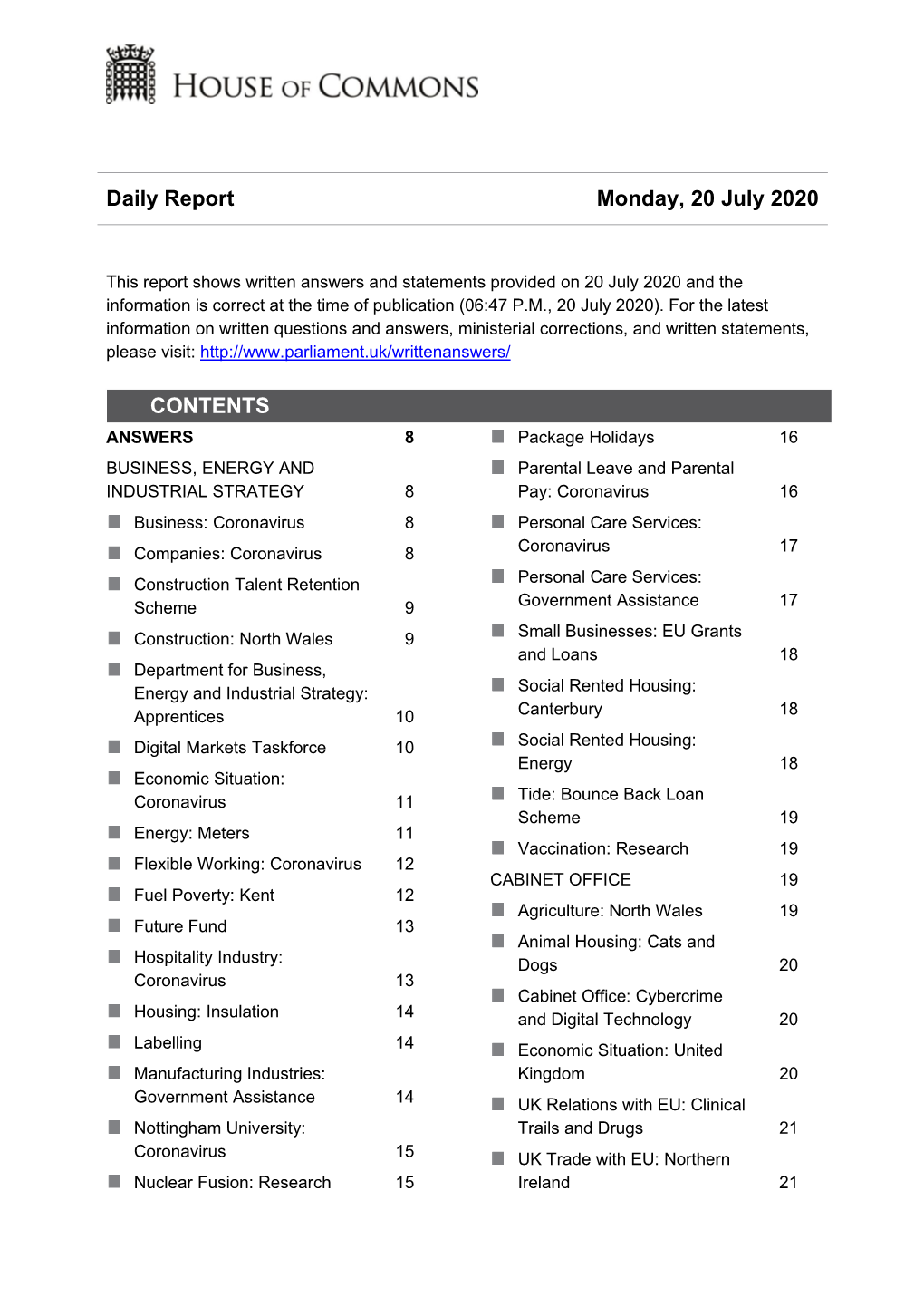 Daily Report Monday, 20 July 2020 CONTENTS