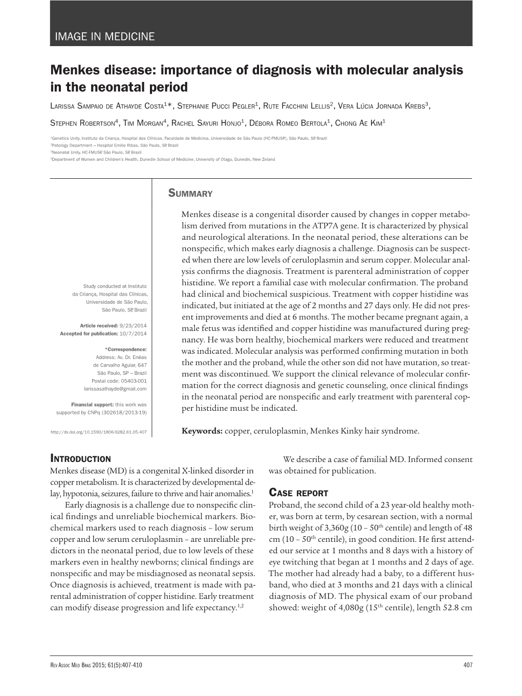 Menkes Disease: Importance of Diagnosis with Molecular Analysis in the Neonatal Period