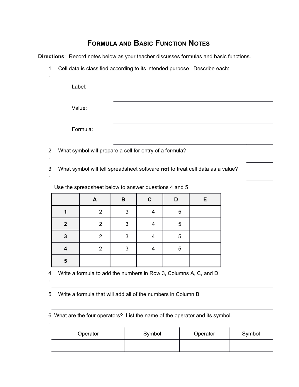 Formula and Basic Function Notes