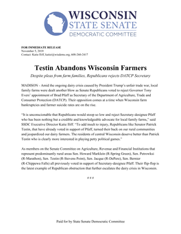 Testin Abandons Wisconsin Farmers Despite Pleas from Farm Families, Republicans Rejects DATCP Secretary