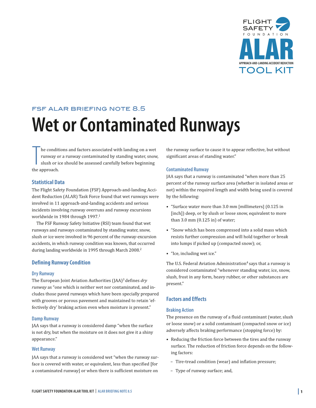 FSF ALAR Briefing Note 8.5: Wet Or Contaminated Runways