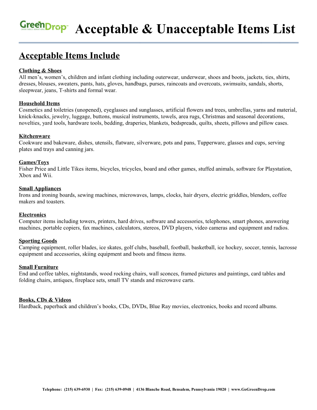 Acceptable & Unacceptable Items List