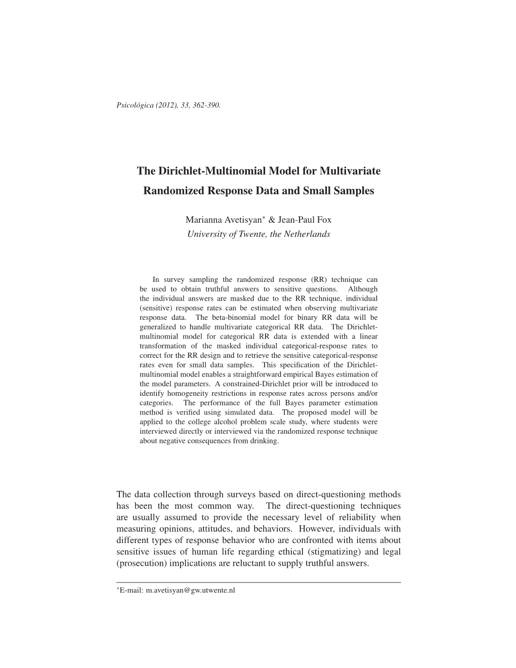 The Dirichlet-Multinomial Model for Multivariate Randomized Response Data and Small Samples