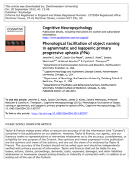 Phonological Facilitation of Object Naming in Agrammatic and Logopenic Primary Progressive Aphasia (PPA) Jennifer E