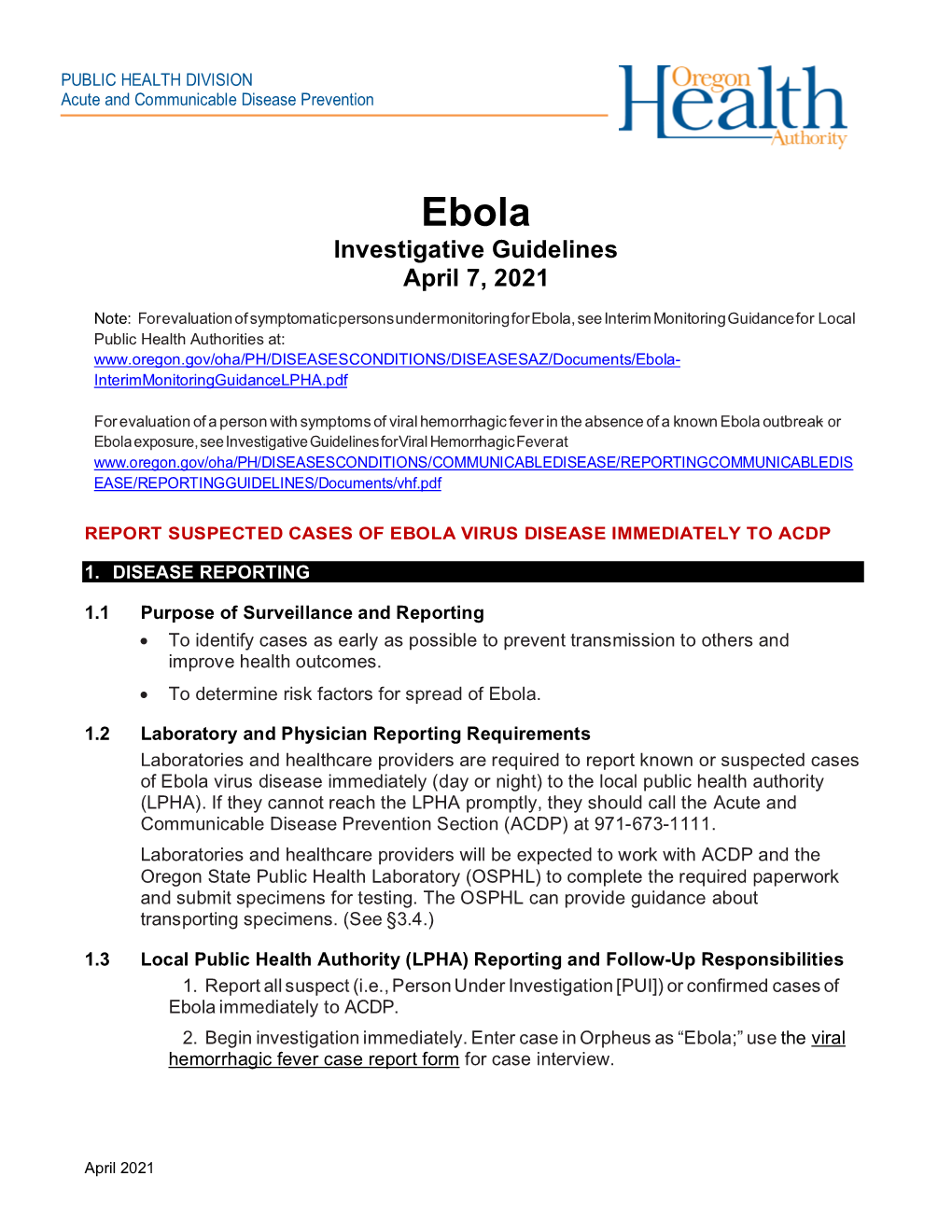 Ebola Investigative Guidelines April 7, 2021