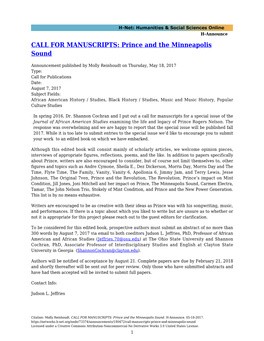 CALL for MANUSCRIPTS: Prince and the Minneapolis Sound