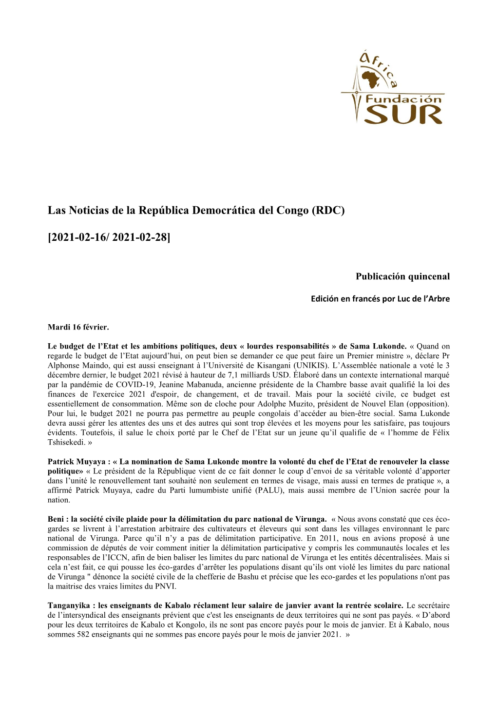 Las Noticias De La República Democrática Del Congo (RDC) [2021-02-16/ 2021-02-28]