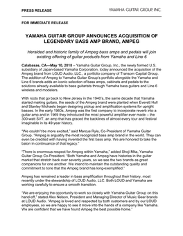 Yamaha Guitar Group Announces Acquisition of Legendary Bass Amp Brand, Ampeg