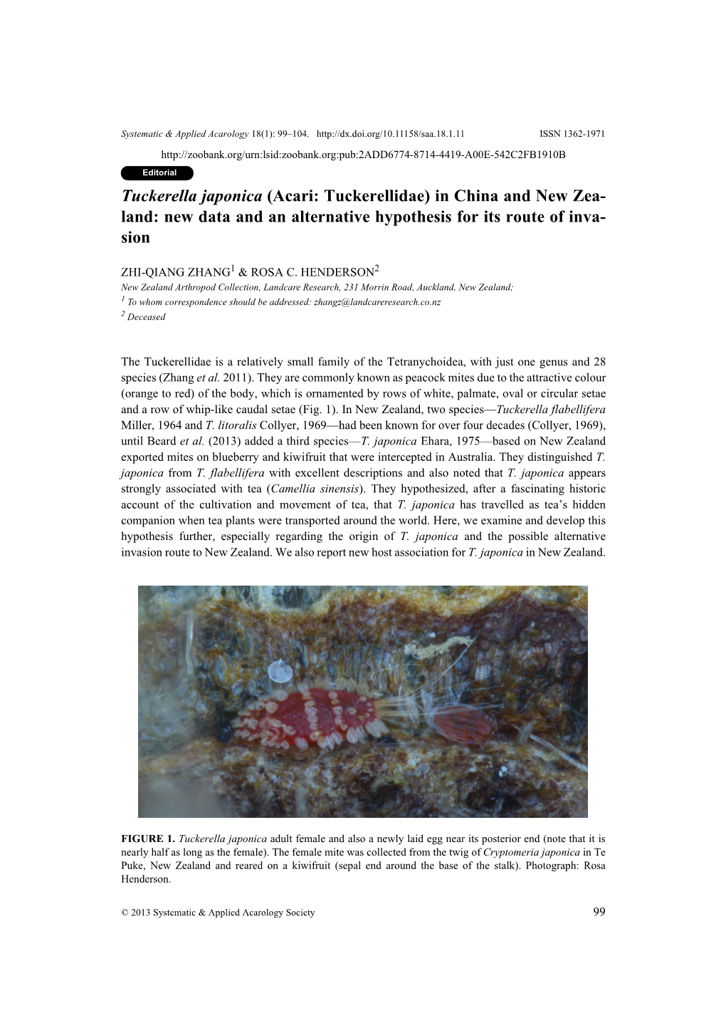Tuckerella Japonica (Acari: Tuckerellidae) in China and New Zea- Land: New Data and an Alternative Hypothesis for Its Route of Inva- Sion