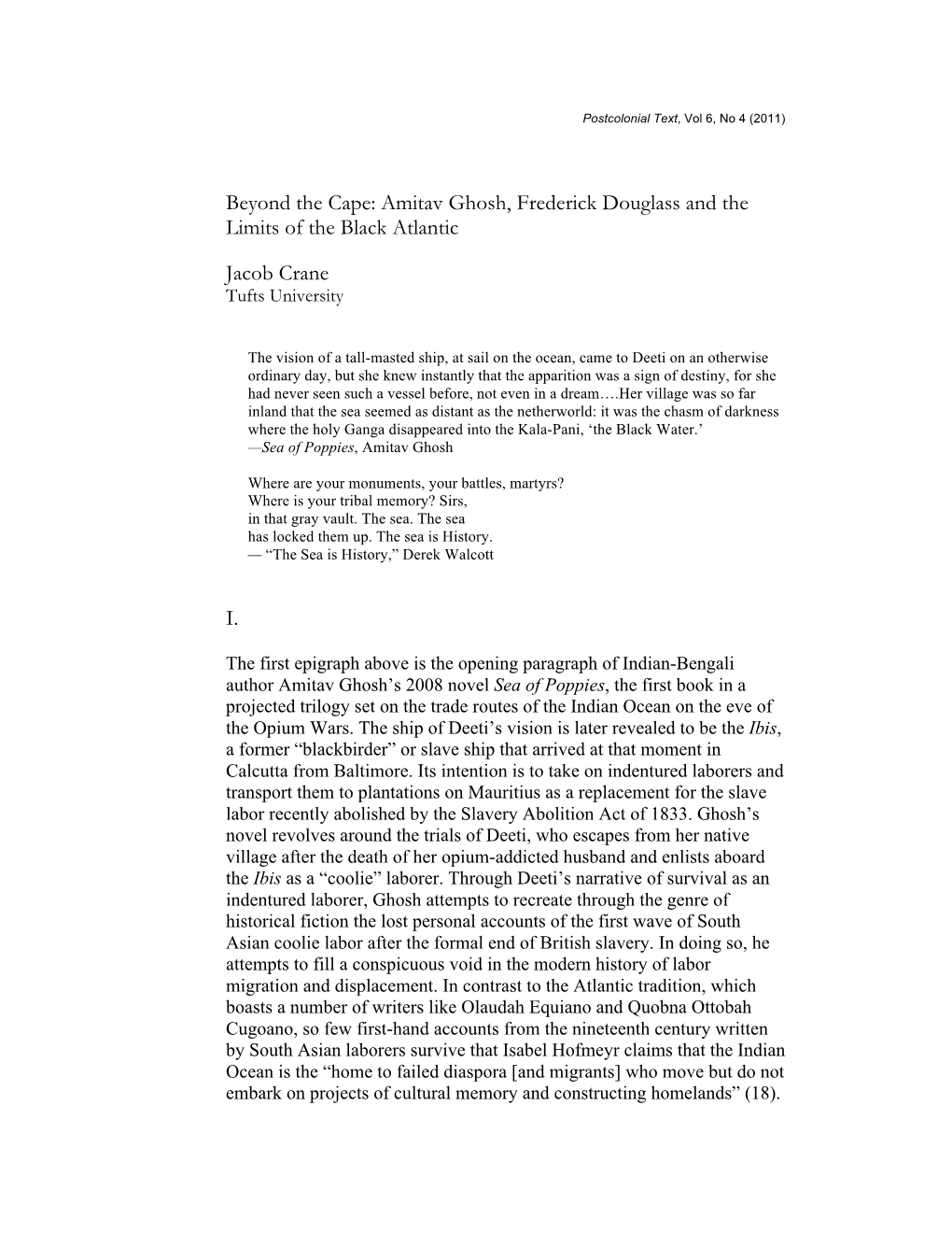 Amitav Ghosh, Frederick Douglass and the Limits of the Black Atlantic Jacob Crane I