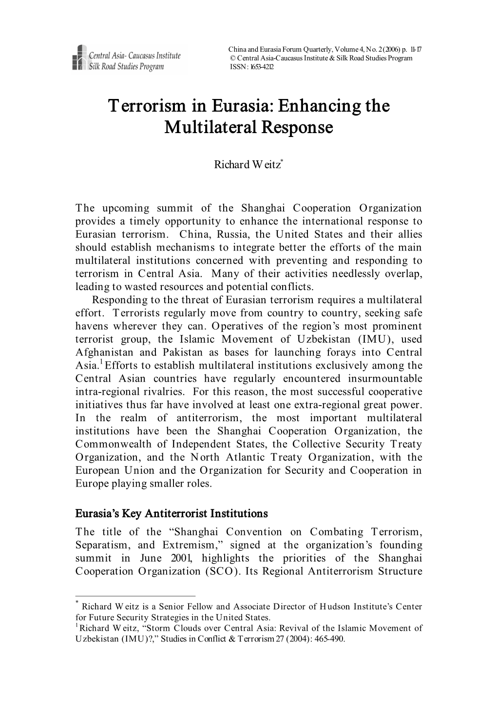 Terrorism in Eurasia: Enhancing the Multilateral Response