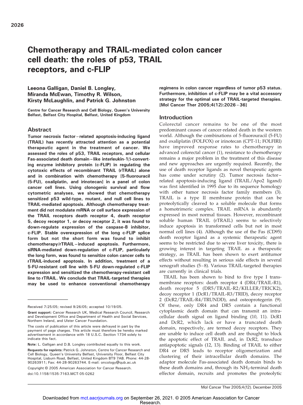 Chemotherapy and TRAIL-Mediated Colon Cancer Cell Death: the Roles of P53, TRAIL Receptors, and C-FLIP