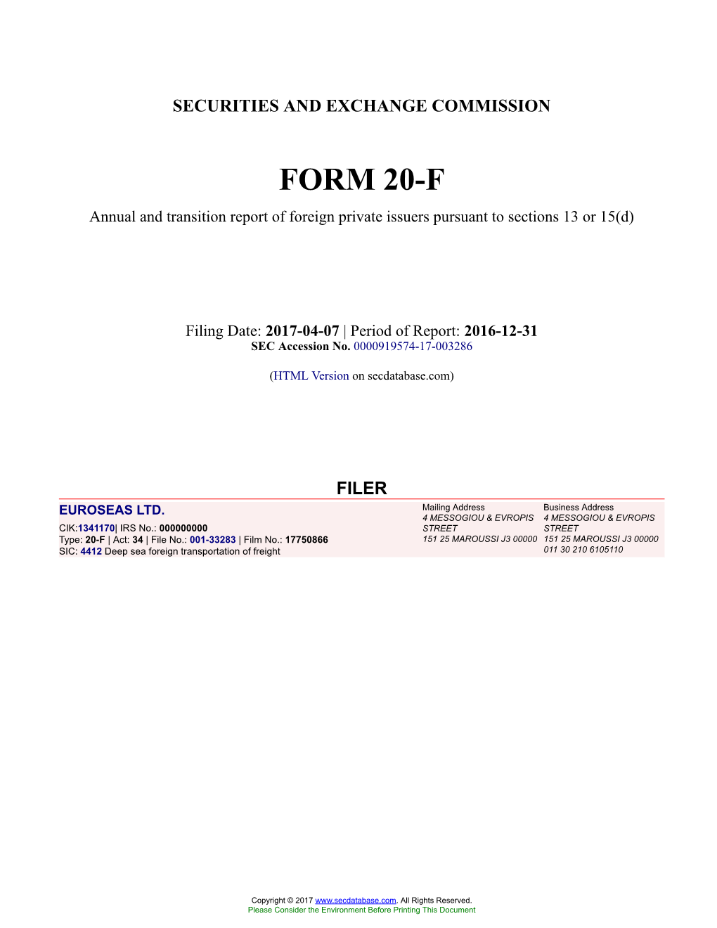 EUROSEAS LTD. Form 20-F Filed 2017-04-07