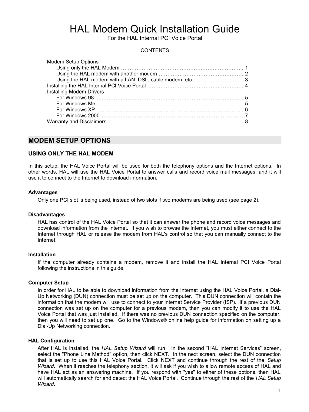 HAL Modem Quick Installation Guide