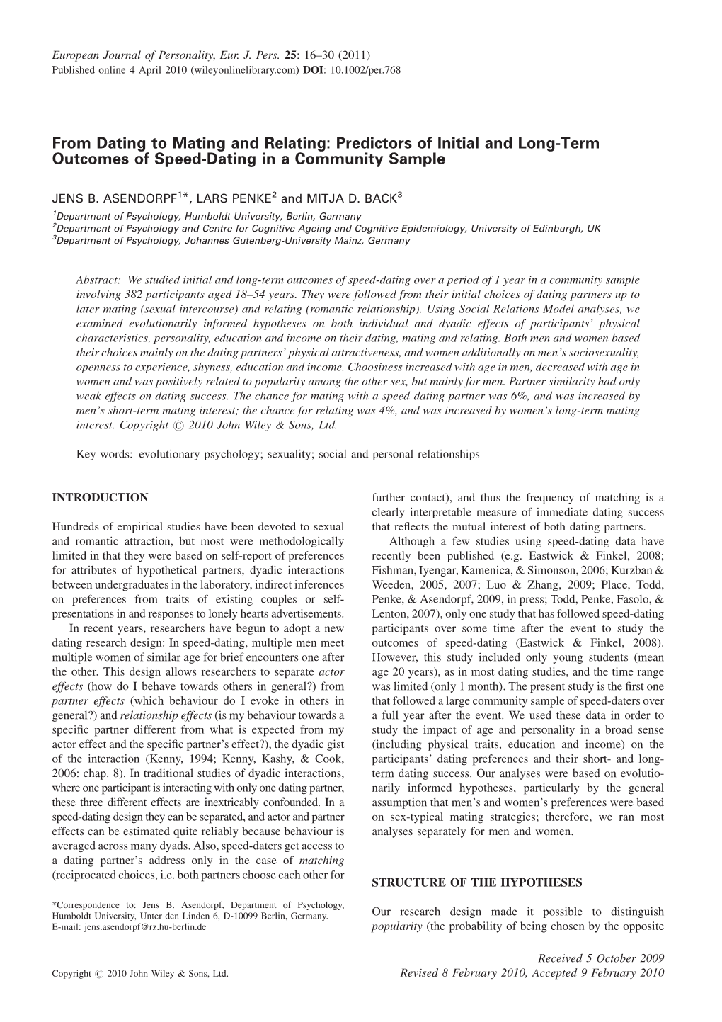 From Dating to Mating and Relating: Predictors of Initial and Longterm