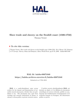 Slave Trade and Slavery on the Swahili Coast (1500-1750) Thomas Vernet