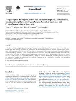 Morphological Description of Two New Ciliates (Ciliophora, Karyorelictea, Cryptopharyngidae): Apocryptopharynx Discoidalis Spec