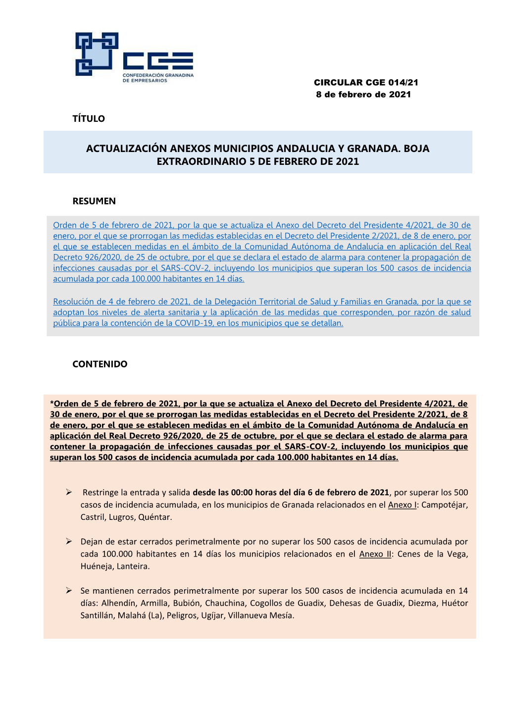 CIRCULAR CGE 014/21 8 De Febrero De 2021