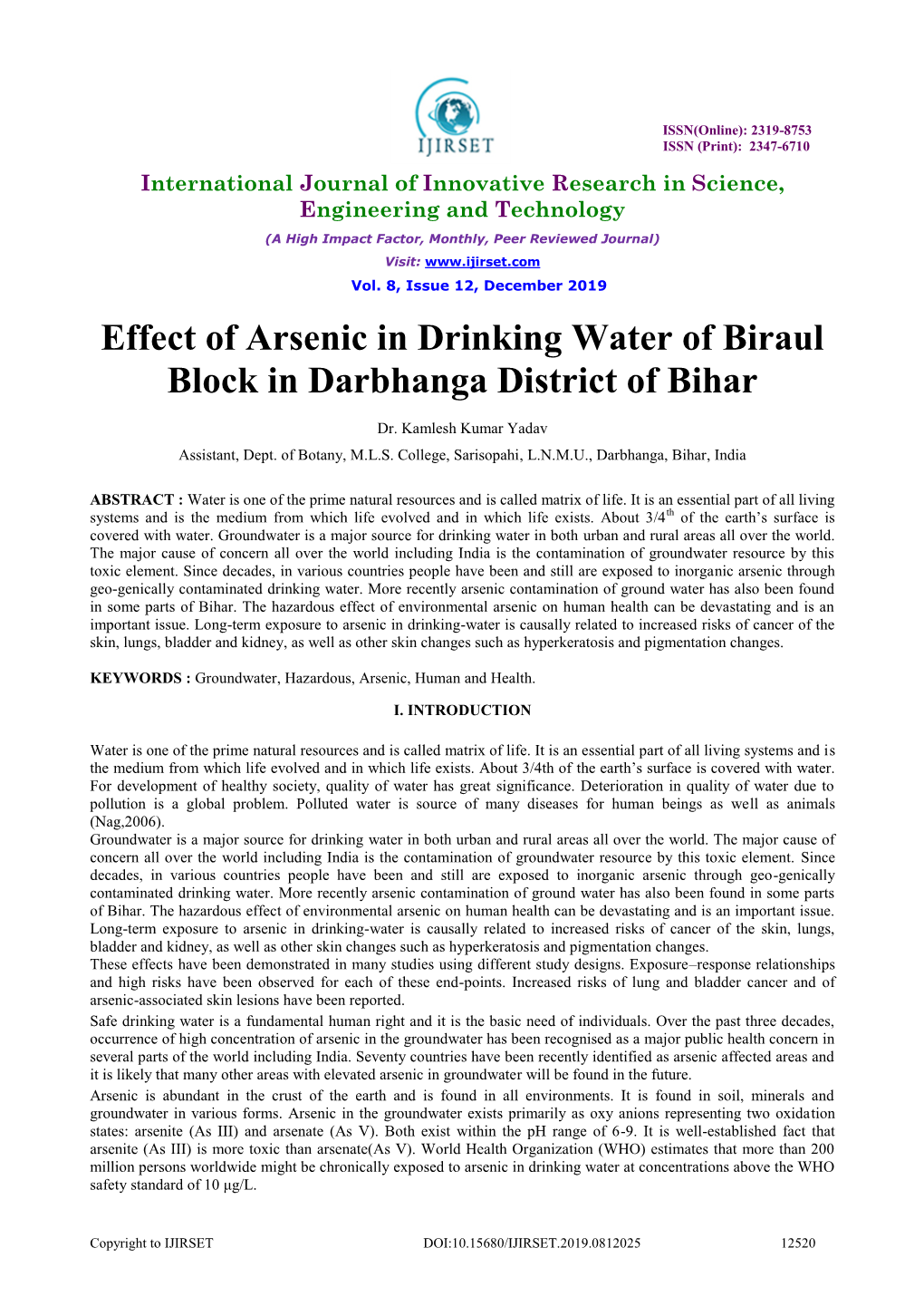 Effect of Arsenic in Drinking Water of Biraul Block in Darbhanga District of Bihar