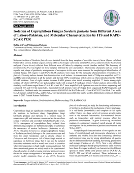 Isolation of Coprophilous Fungus Sordaria Fimicola from Different Areas of Lahore-Pakistan, and Molecular Characterization by ITS and RAPD- SCAR PCR