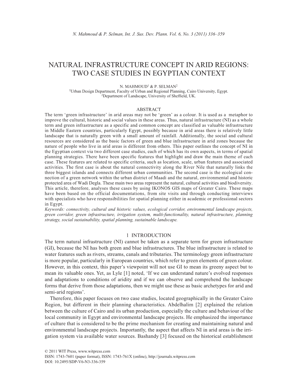 Natural Infrastructure Concept in Arid Regions: Two Case Studies in Egyptian Context