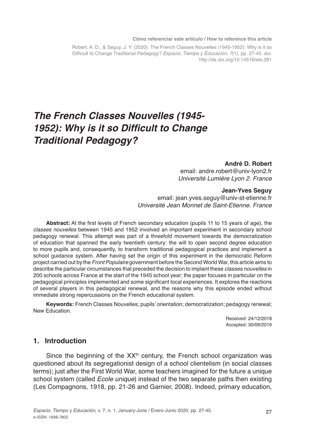Why Is It So Difficult to Change Traditional Pedagogy? Espacio, Tiempo Y Educación, 7(1), Pp