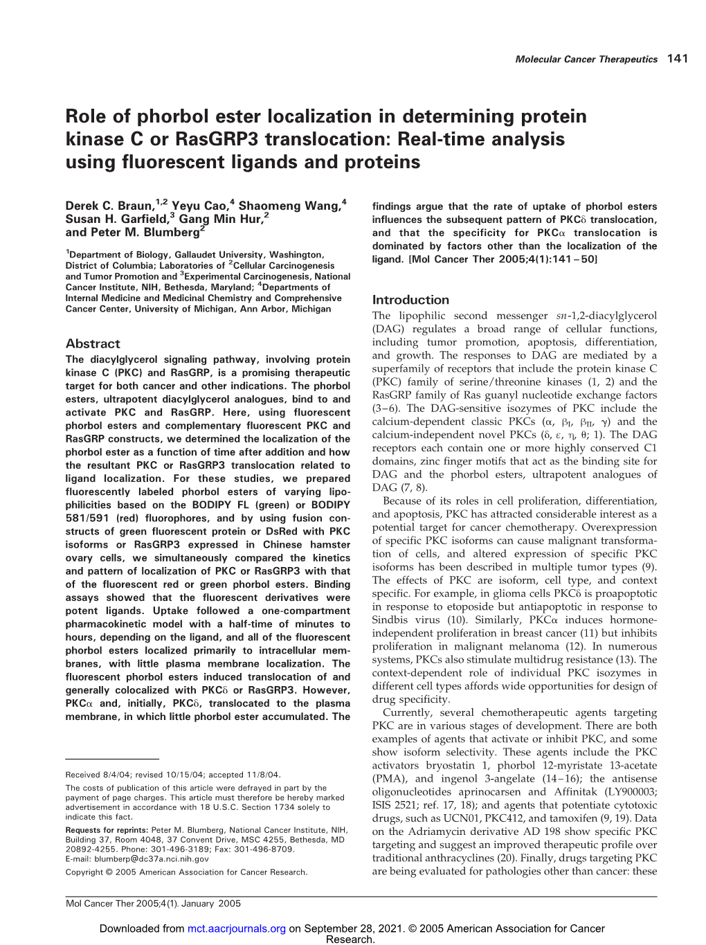 Role of Phorbol Ester Localization in Determining Protein Kinase C Or Rasgrp3 Translocation: Real-Time Analysis Using Fluorescent Ligands and Proteins