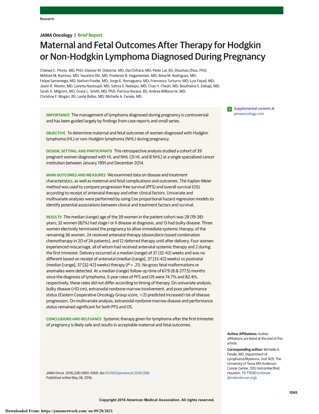 Maternal and Fetal Outcomes After Therapy for Hodgkin Or Non-Hodgkin Lymphoma Diagnosed During Pregnancy