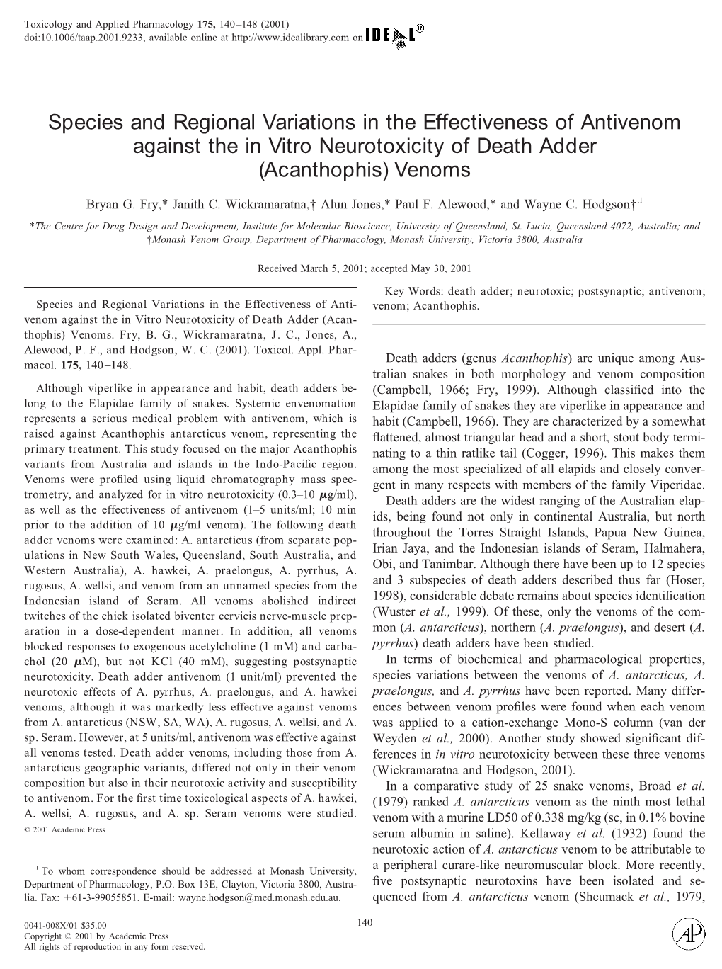 Species and Regional Variations in the Effectiveness of Antivenom Against the in Vitro Neurotoxicity of Death Adder (Acanthophis) Venoms