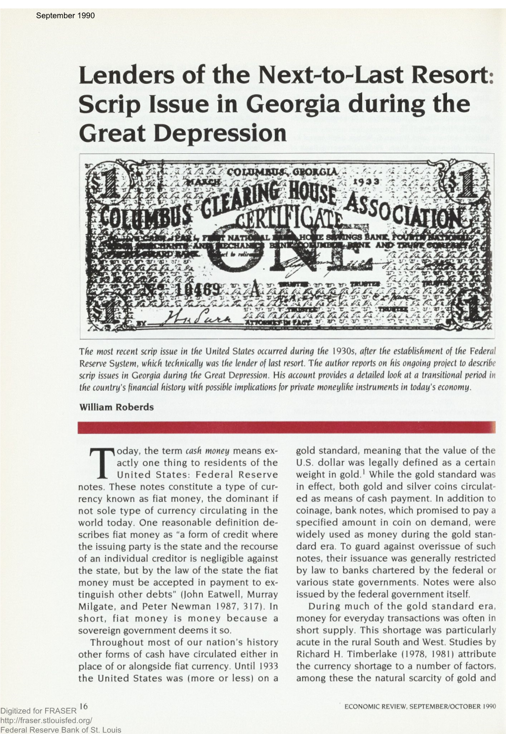 Scrip Issue in Georgia During the Great Depression