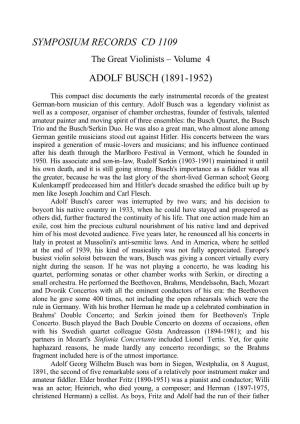 Symposium Records Cd 1109 Adolf Busch