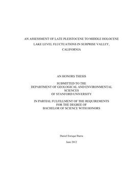 An Assessment of Late Pleistocene to Middle Holocene Lake Level Fluctuations in Surprise Valley, California an Honors Thesis