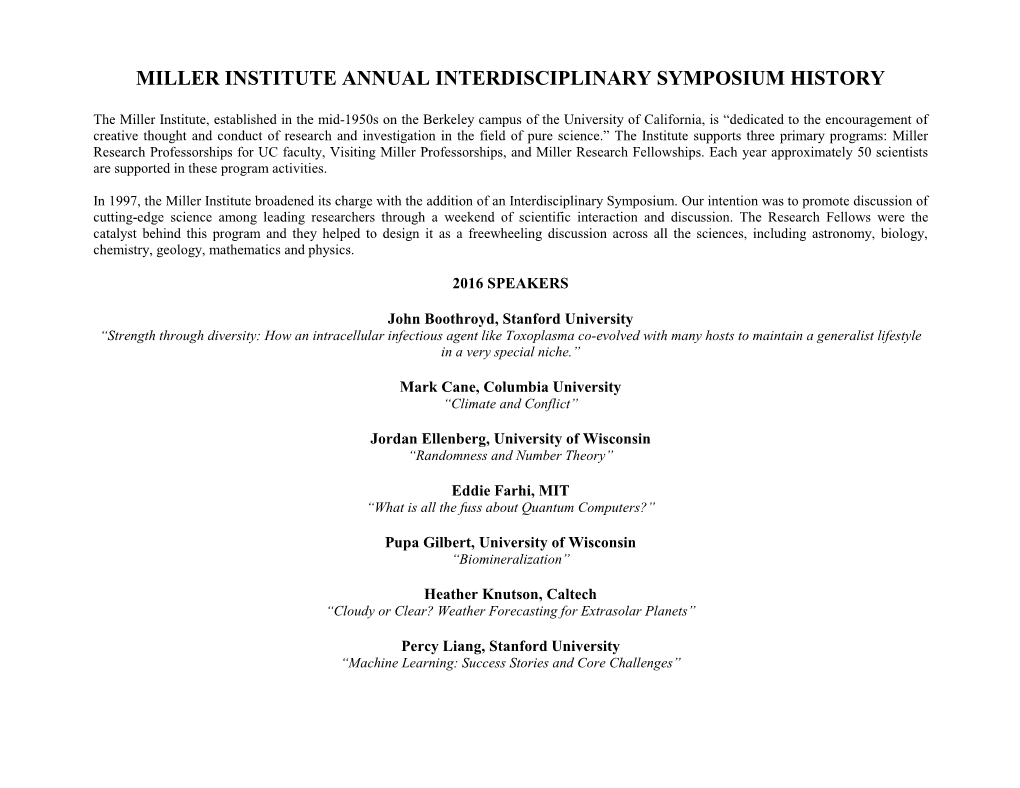 Miller Institute Annual Interdisciplinary Symposium History