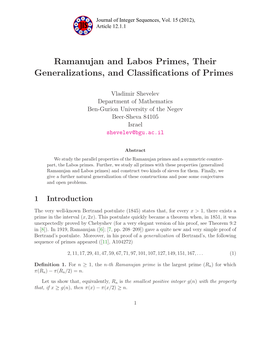 Ramanujan and Labos Primes, Their Generalizations, and Classifications