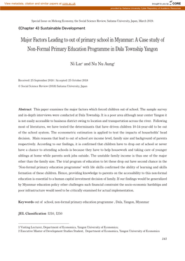 Major Factors Leading to out of Primary School in Myanmar: a Case Study of Non-Formal Primary Education Programme in Dala Township Yangon