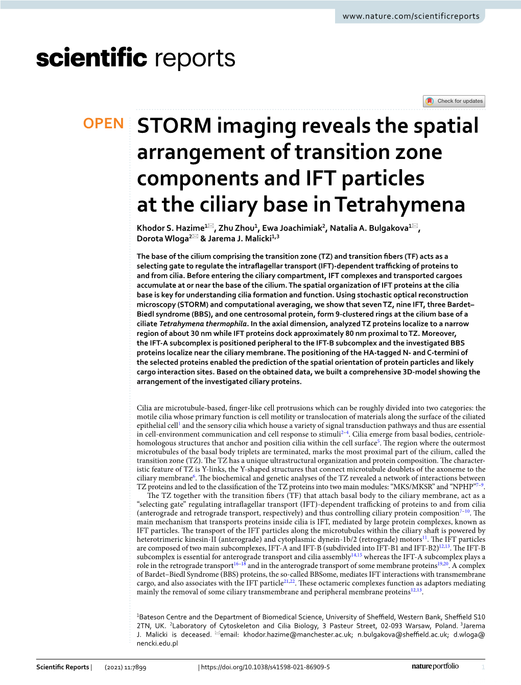 STORM Imaging Reveals the Spatial Arrangement of Transition Zone Components and IFT Particles at the Ciliary Base in Tetrahymena Khodor S