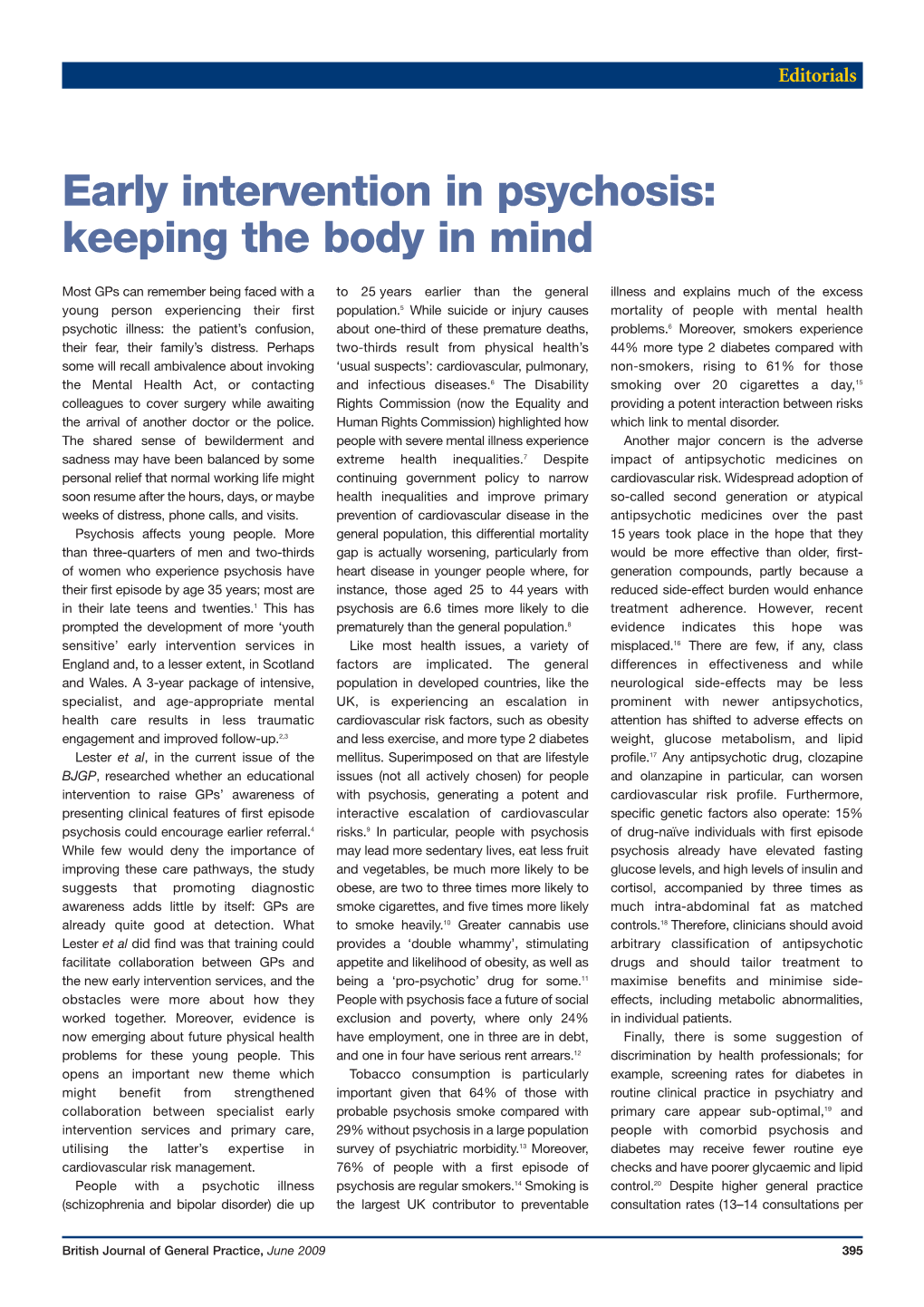 Early Intervention in Psychosis: Keeping the Body in Mind